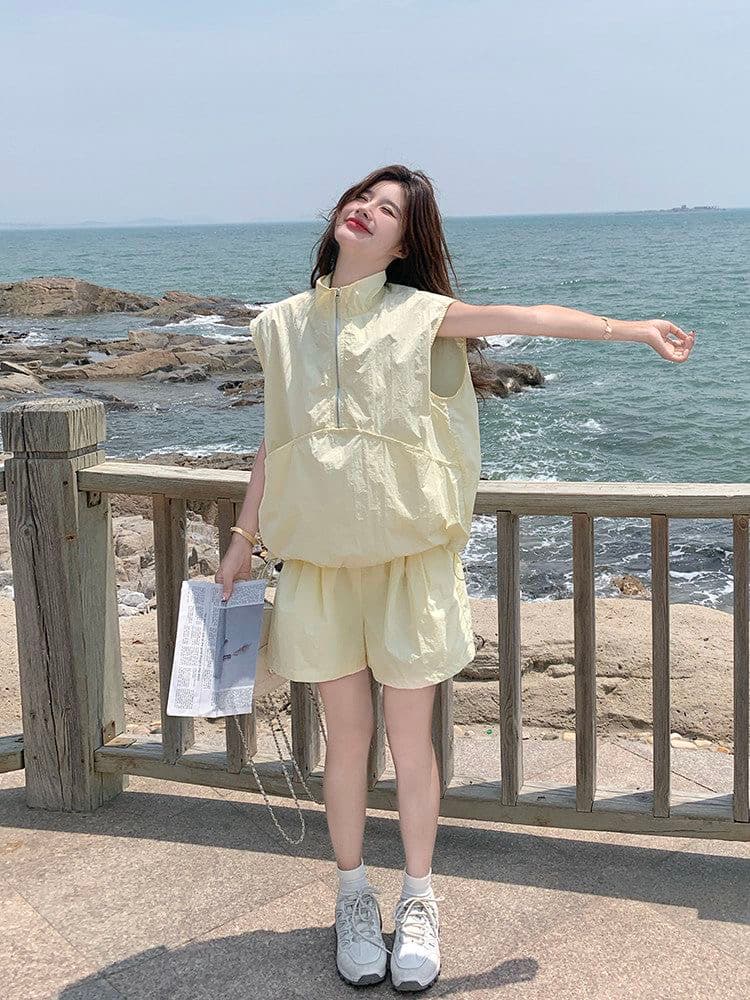 황색 한 부서 패션 캐주얼 바람 워크웨어 민소매 맨위 세트 여성 여름 2026 년 새로운 반바지 투피스 세트 이미지 4