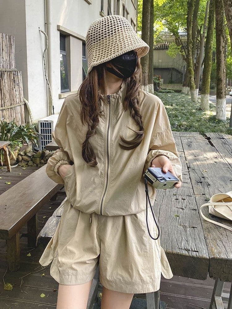 한 부서 운동 방풍 인터넷 유명인 튀김 거리 자외선 차단 재킷 반바지 두 조각 여성 세트 여름 2026 새로운 인기 세트