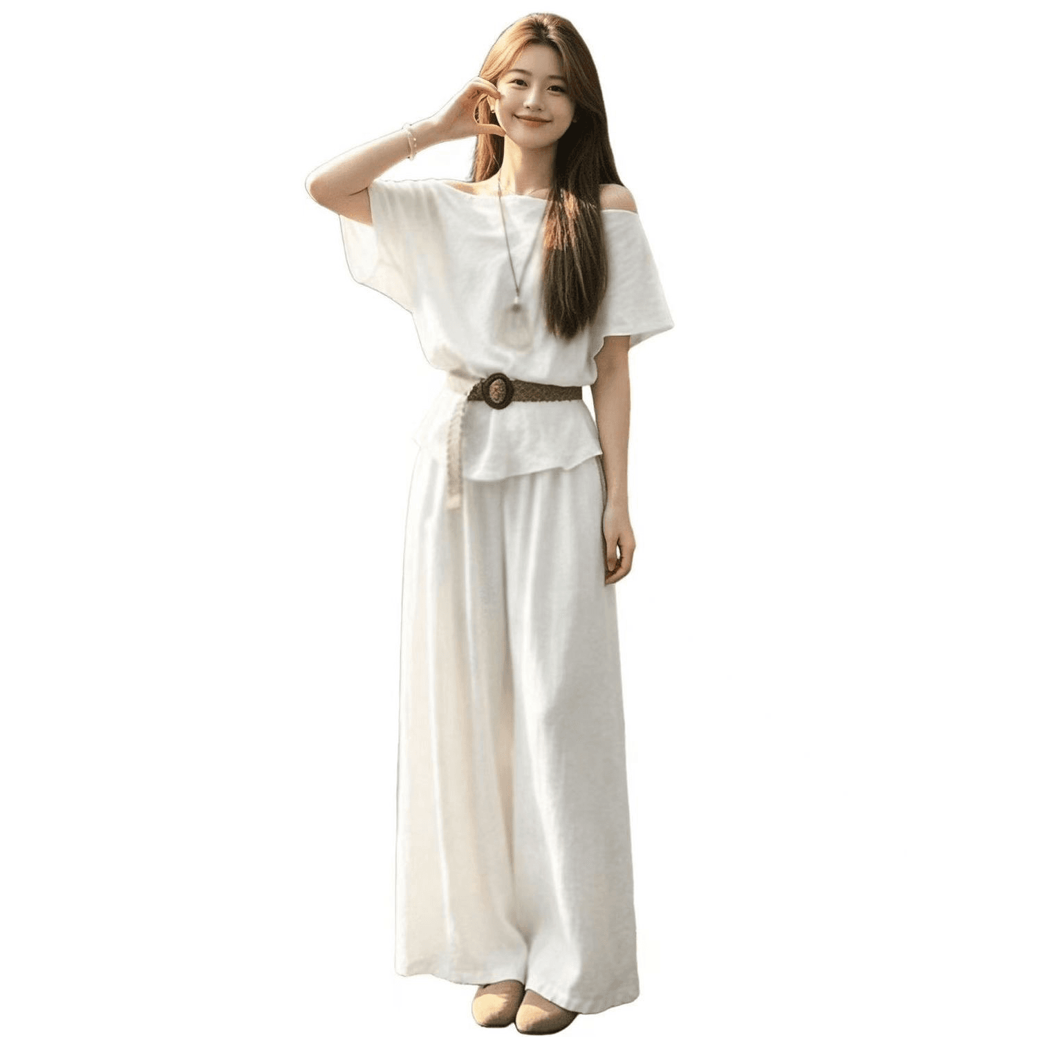 한 부서 자이언트 잘 생긴 ootd 착용 가져 가라. 전체 집합 2026 새로운 여성 비스듬한 어깨 의류 와이드 레그 팬츠 이미지 5
