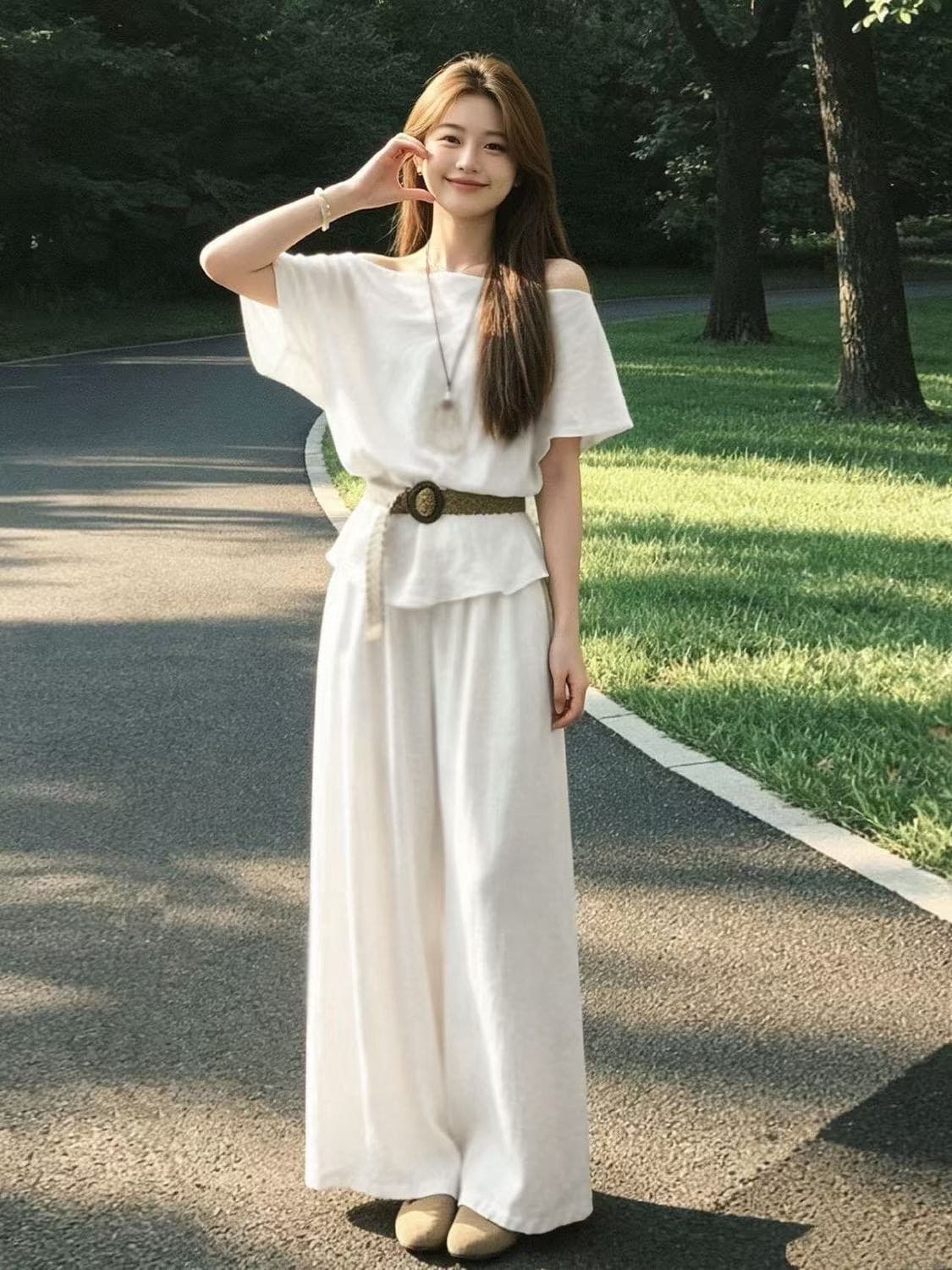한 부서 자이언트 잘 생긴 ootd 착용 가져 가라. 전체 집합 2026 새로운 여성 비스듬한 어깨 의류 와이드 레그 팬츠 상세 이미지 3