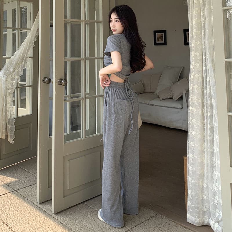후아 남편 그리드 2026 년 캐주얼 회색 세트 여름 펌프 로프 스트랩 반팔 맨위 넓은 다리 길이 바지 이미지 5