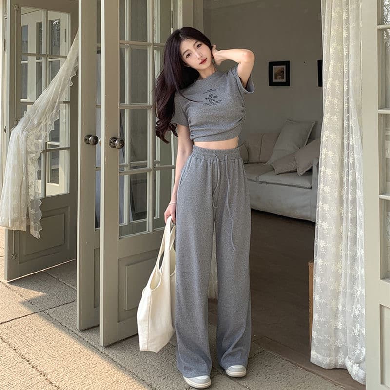 후아 남편 그리드 2026 년 캐주얼 회색 세트 여름 펌프 로프 스트랩 반팔 맨위 넓은 다리 길이 바지 상세 이미지 4