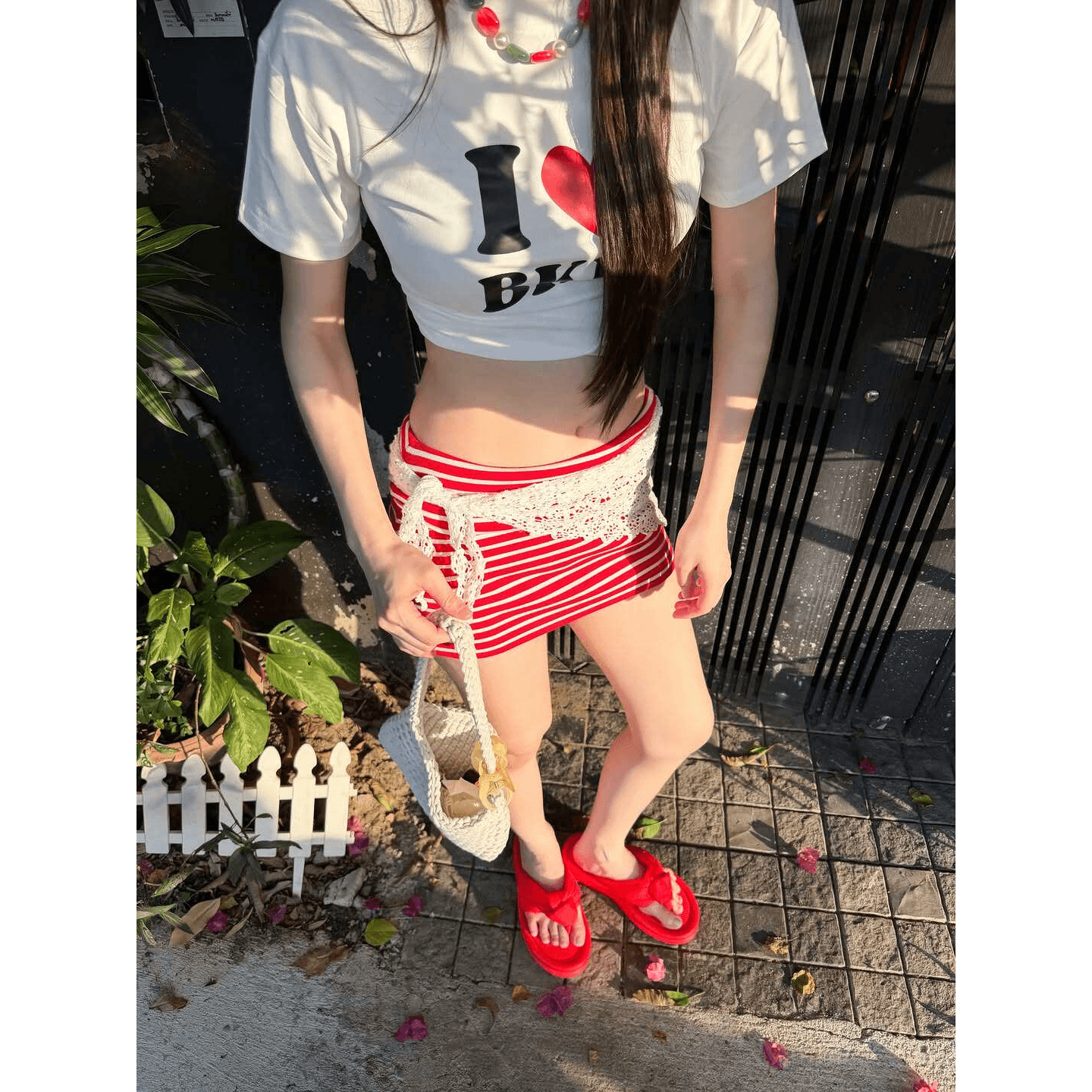 아메리칸 레트로 핫걸 쇼트 스타일 라운드 넥 프린트 반팔 티셔츠 이미지 5