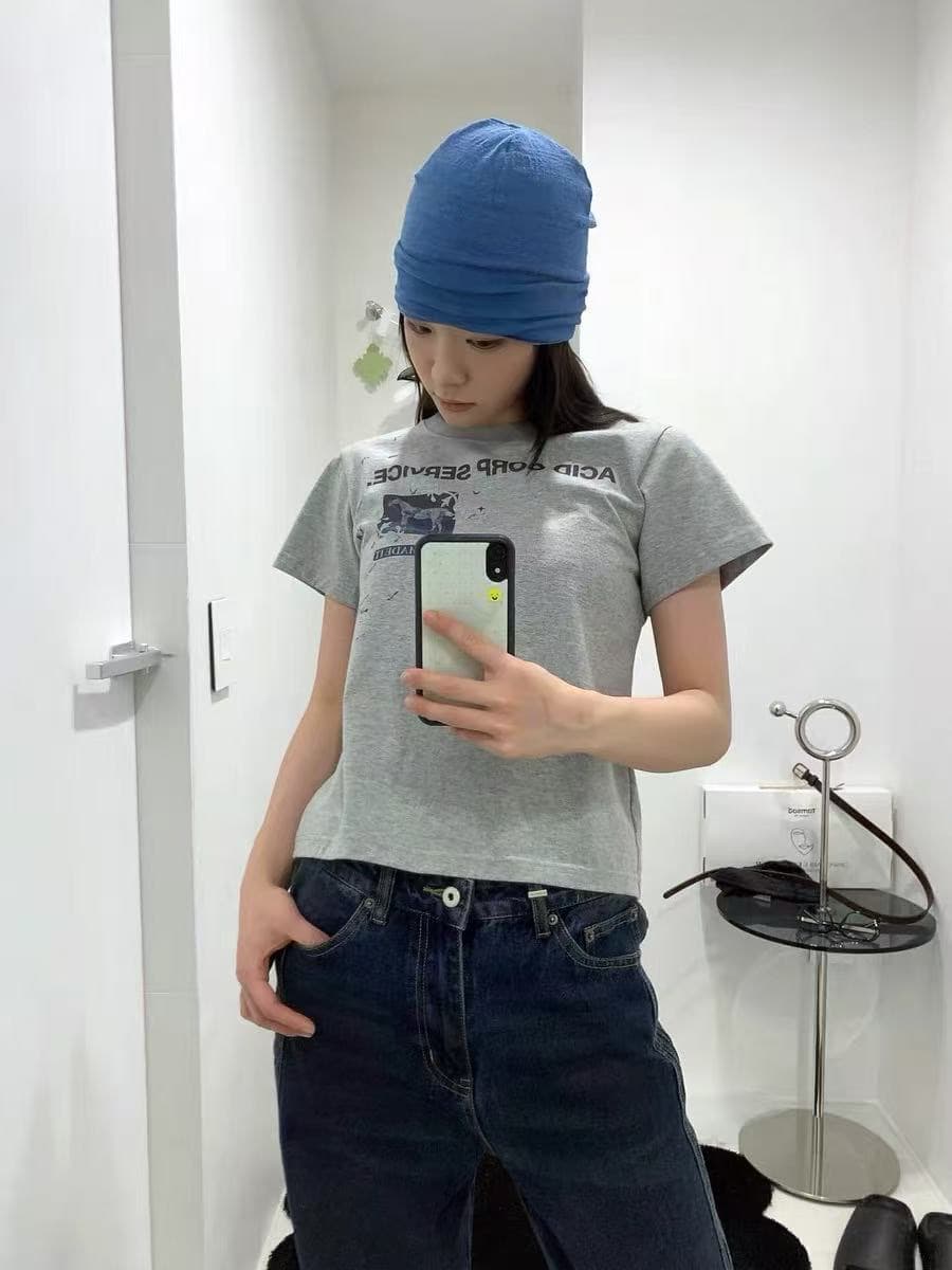아메리칸 레트로 긍정적 인 어깨 라운드 넥 프린트 반팔 티셔츠