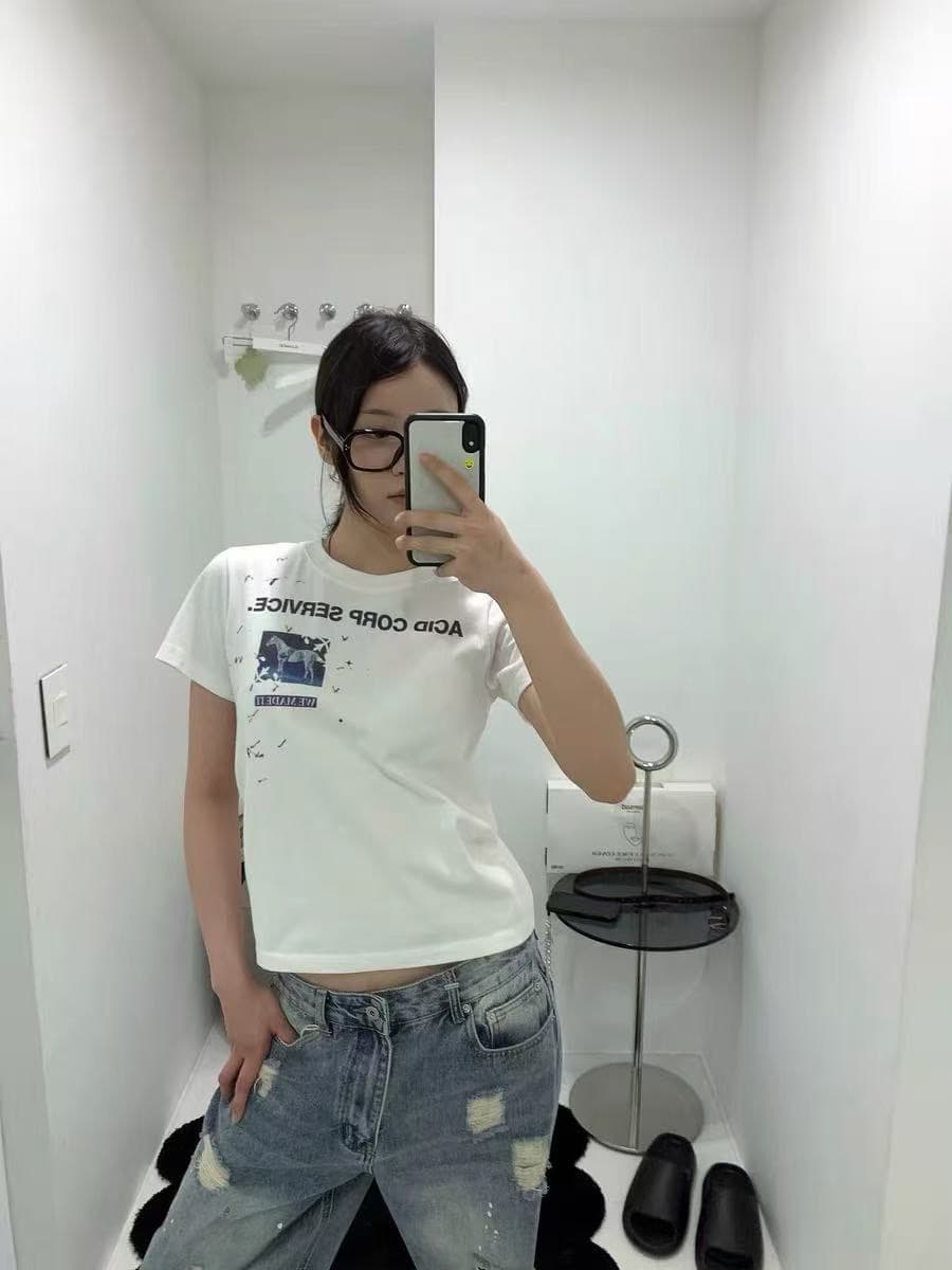 아메리칸 레트로 긍정적 인 어깨 라운드 넥 프린트 반팔 티셔츠 상세 이미지 4
