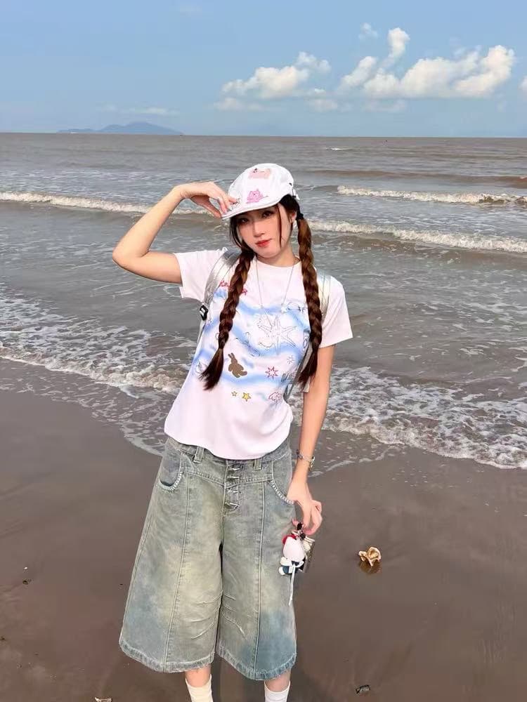 아메리칸 레트로 긍정적 인 어깨 라운드 넥 프린트 반팔 티셔츠 이미지 3