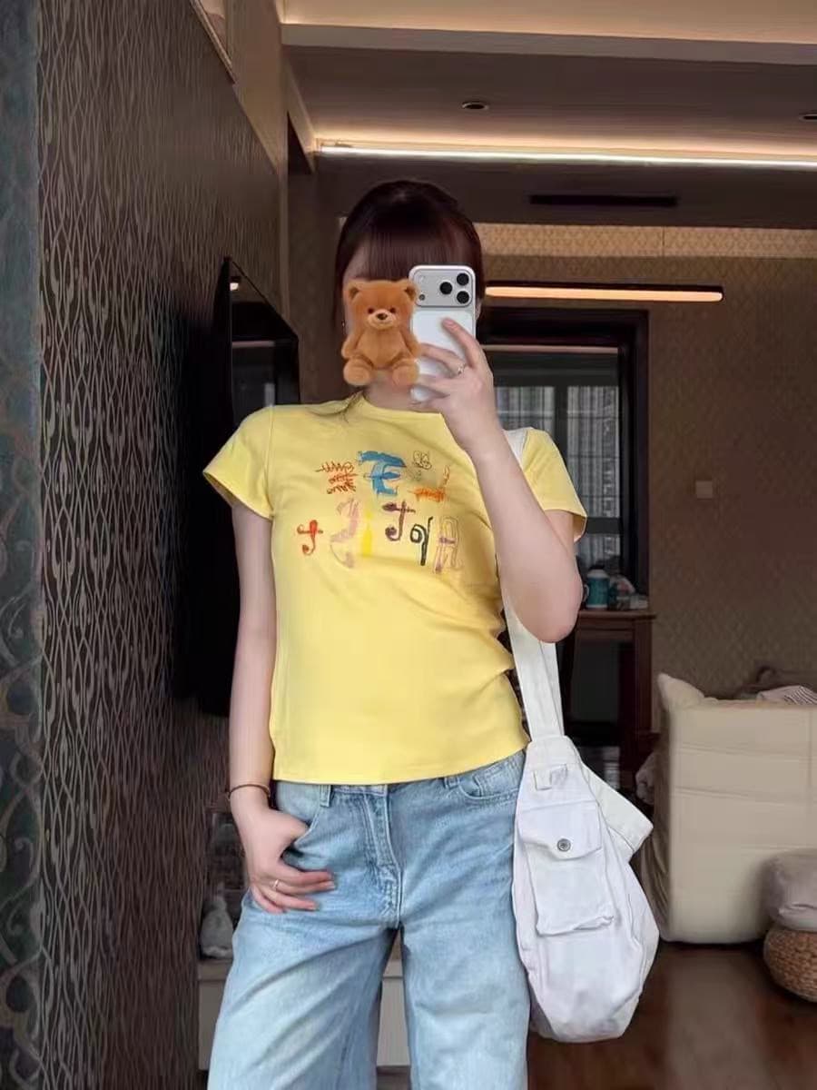 아메리칸 레트로 긍정적 인 어깨 라운드 넥 프린트 반팔 티셔츠 상세 이미지 1