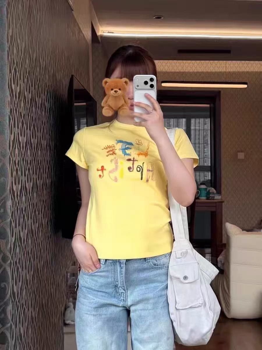 아메리칸 레트로 긍정적 인 어깨 라운드 넥 프린트 반팔 티셔츠 상세 이미지 2
