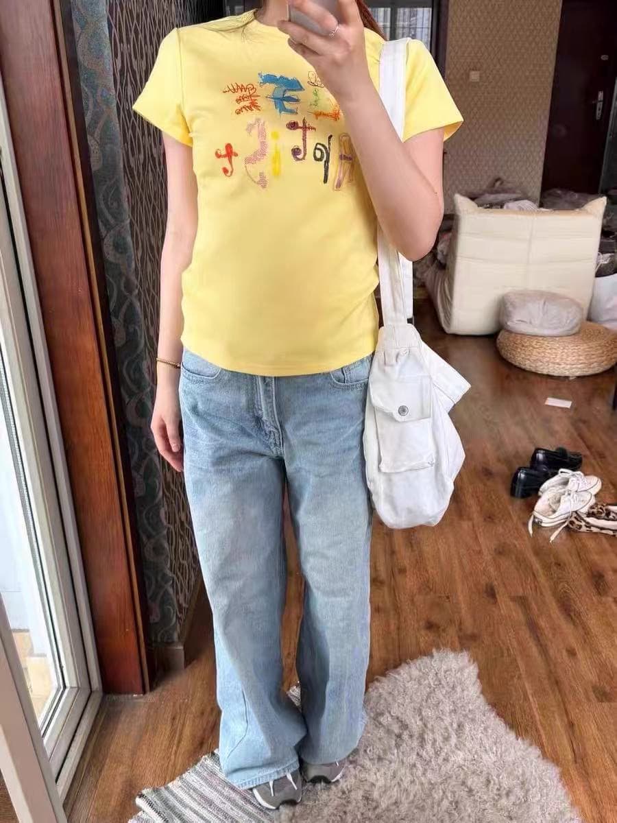 아메리칸 레트로 긍정적 인 어깨 라운드 넥 프린트 반팔 티셔츠 상세 이미지 4