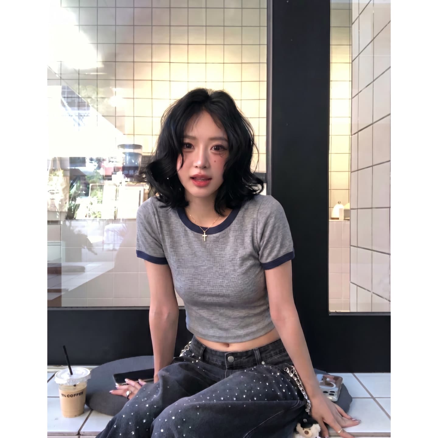 한 부서 테두리 칼라 긍정적 인 어깨 라운드 넥 반팔 티셔츠 여성 여름 작은 키 맨위 상세 이미지 2