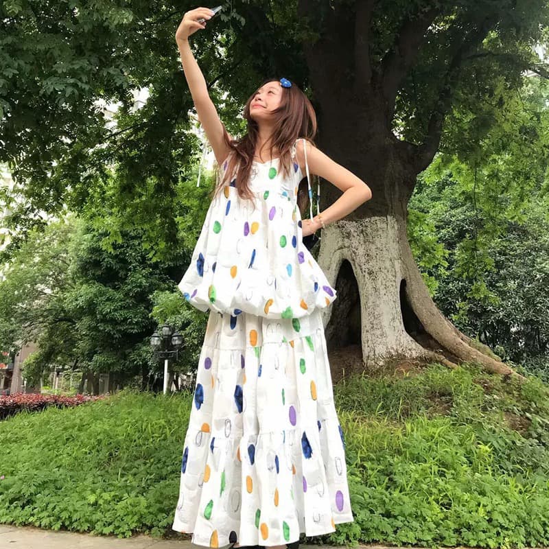 원본 것 전원 바람 색상 프린트 슬립 투피스 세트 새로운 작은 키 휴가 윈디 진자 치마 세트 이미지 4