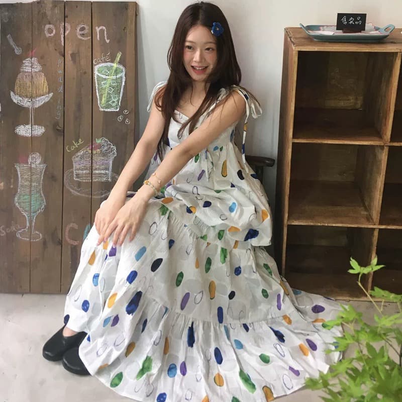 원본 것 전원 바람 색상 프린트 슬립 투피스 세트 새로운 작은 키 휴가 윈디 진자 치마 세트 이미지 5