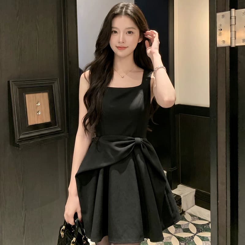 원본 것 품격 고급 센스 그는 벤 바람 검정색 슬립 드레스 나비 매듭 꼬집기 허리 퍼프 생일 치마 이미지 3