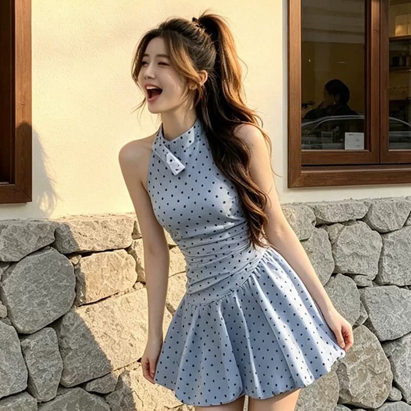 원본 것 있음 네리 파란색 도트 무늬 스트랩 행침 목 드레스 해변가 휴가 핫걸 허리 수축 꽃밭 미니 스커트 이미지 4