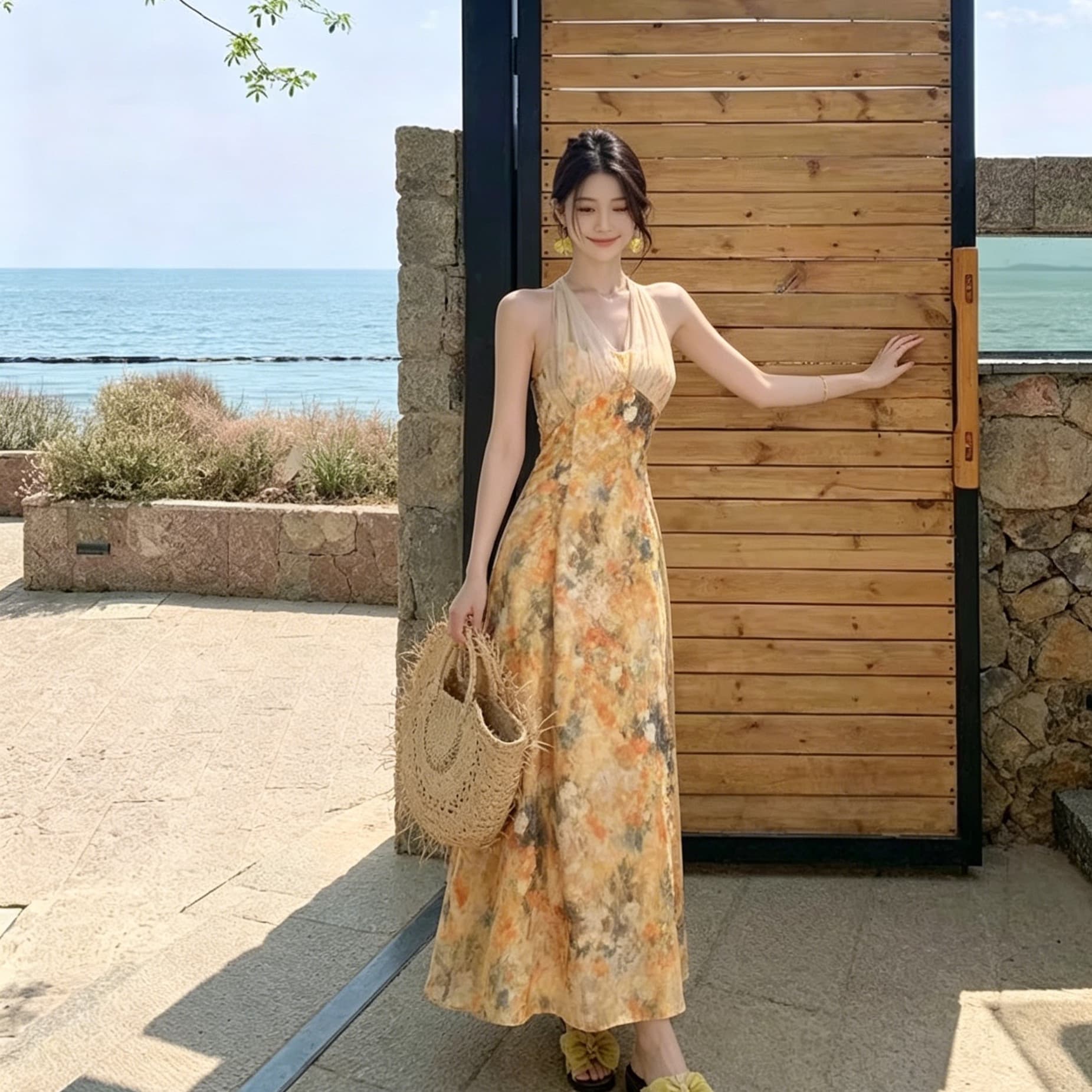 유화 센스 행침 목 여성 드레스 여름 허리 수축 슬림해 보이는 2026 해변가 휴가 바람 삼아 관광 롱 스커트 상세 이미지 3