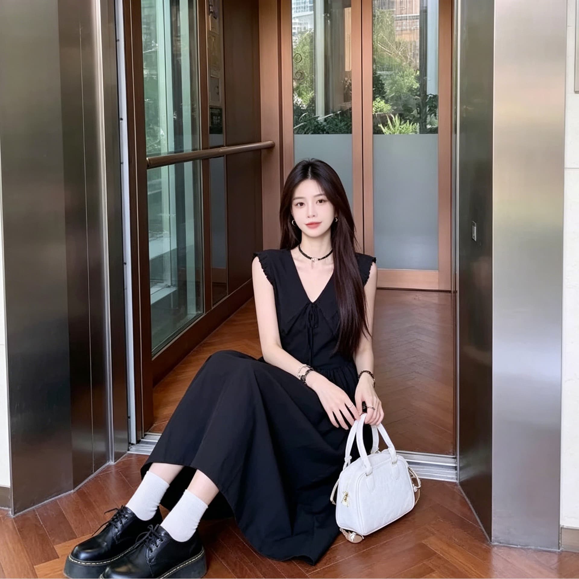 검정색 v 칼라 민소매 여성 드레스 여름 허리 수축 슬림해 보이는 그는 벤 바람 품격 큰 진자 롱 스커트 출퇴근 작은 검은 드레스 상세 이미지 3