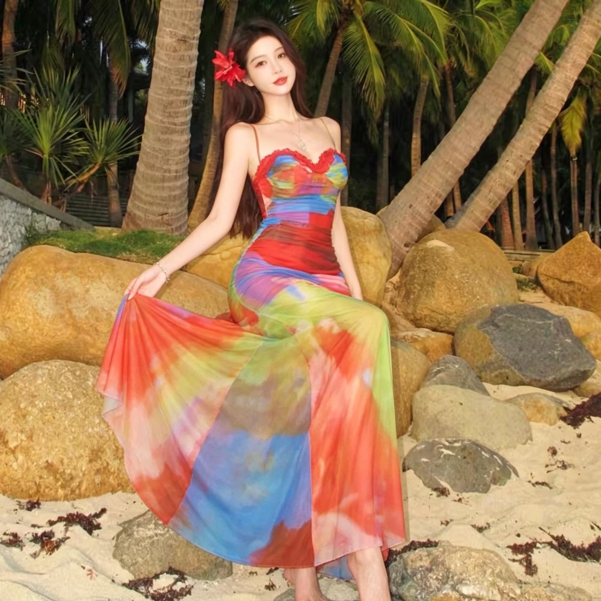 색상 그라데이션 슬립 여성 드레스 여름 해변가 휴가 바람 삼아 관광 사진 찍기 섹시함 망사 롱 스커트 이미지 3