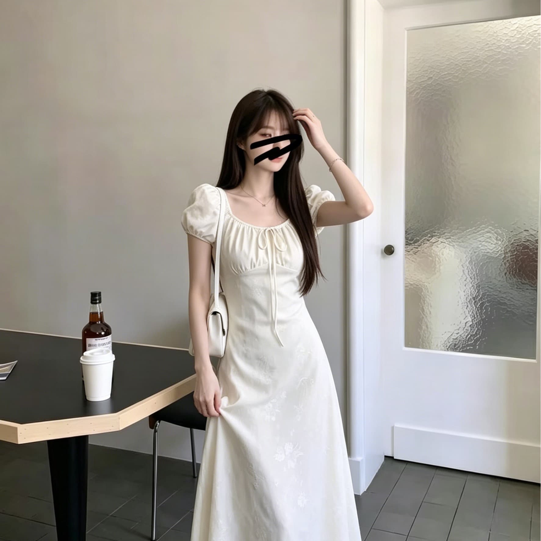 살구 색상 2026 광장 칼라 거품 소매 여성 드레스 여름 허리 수축 슬림해 보이는 부드러운 바람 품격 롱 코트 치마 이미지 4