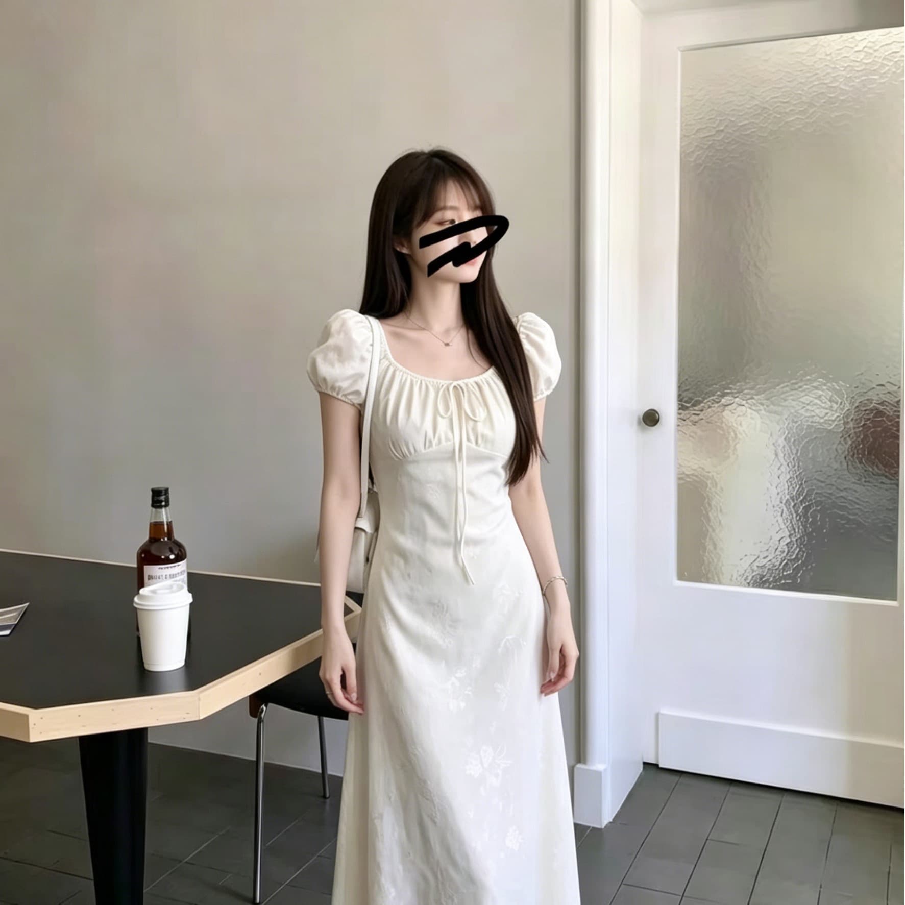살구 색상 2026 광장 칼라 거품 소매 여성 드레스 여름 허리 수축 슬림해 보이는 부드러운 바람 품격 롱 코트 치마 상세 이미지 1