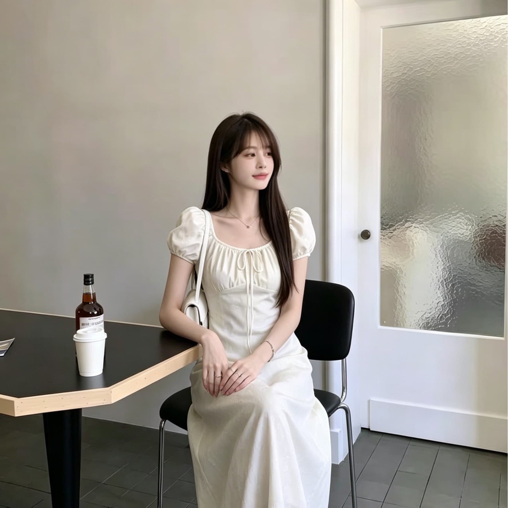 살구 색상 2026 광장 칼라 거품 소매 여성 드레스 여름 허리 수축 슬림해 보이는 부드러운 바람 품격 롱 코트 치마 상세 이미지 2