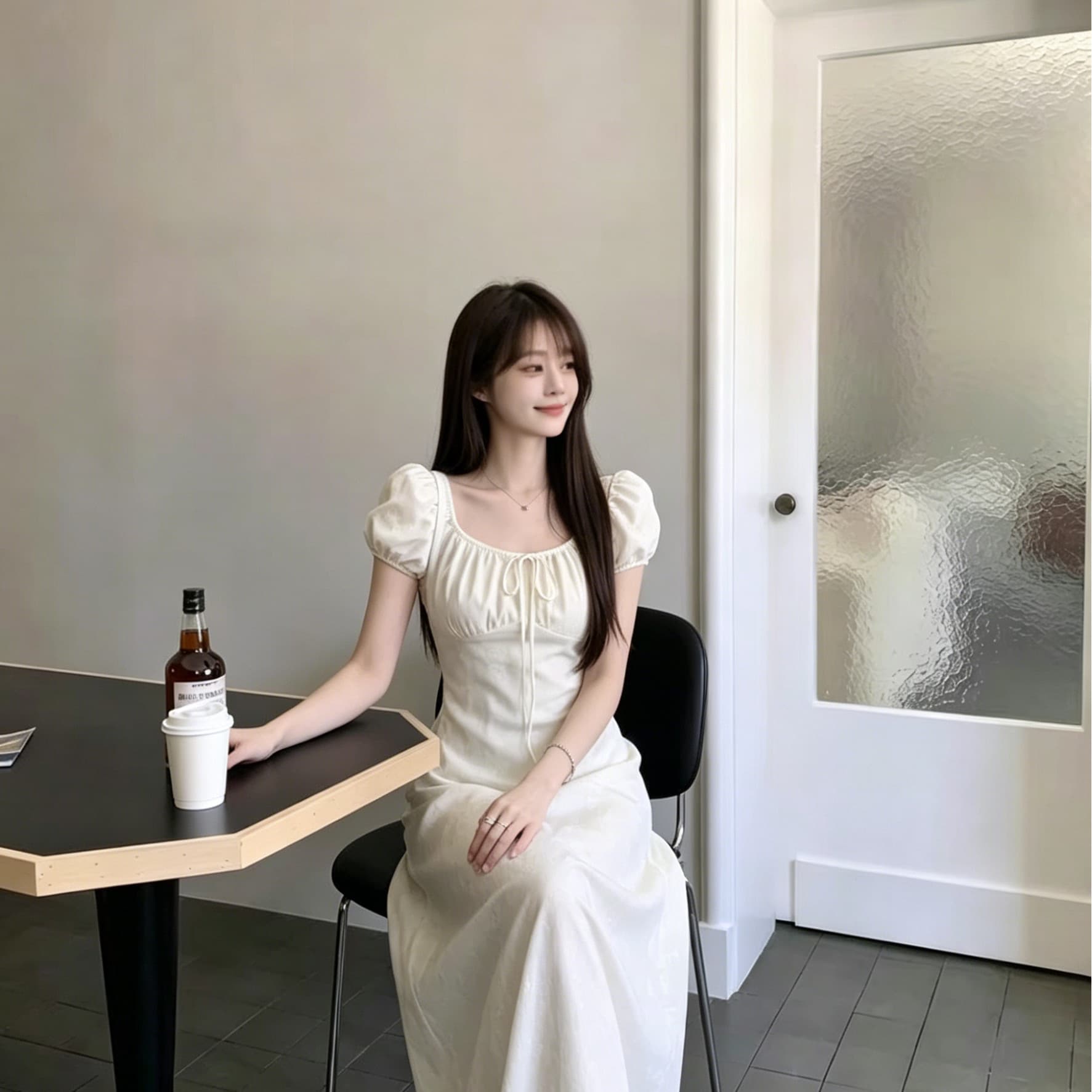 살구 색상 2026 광장 칼라 거품 소매 여성 드레스 여름 허리 수축 슬림해 보이는 부드러운 바람 품격 롱 코트 치마 상세 이미지 3