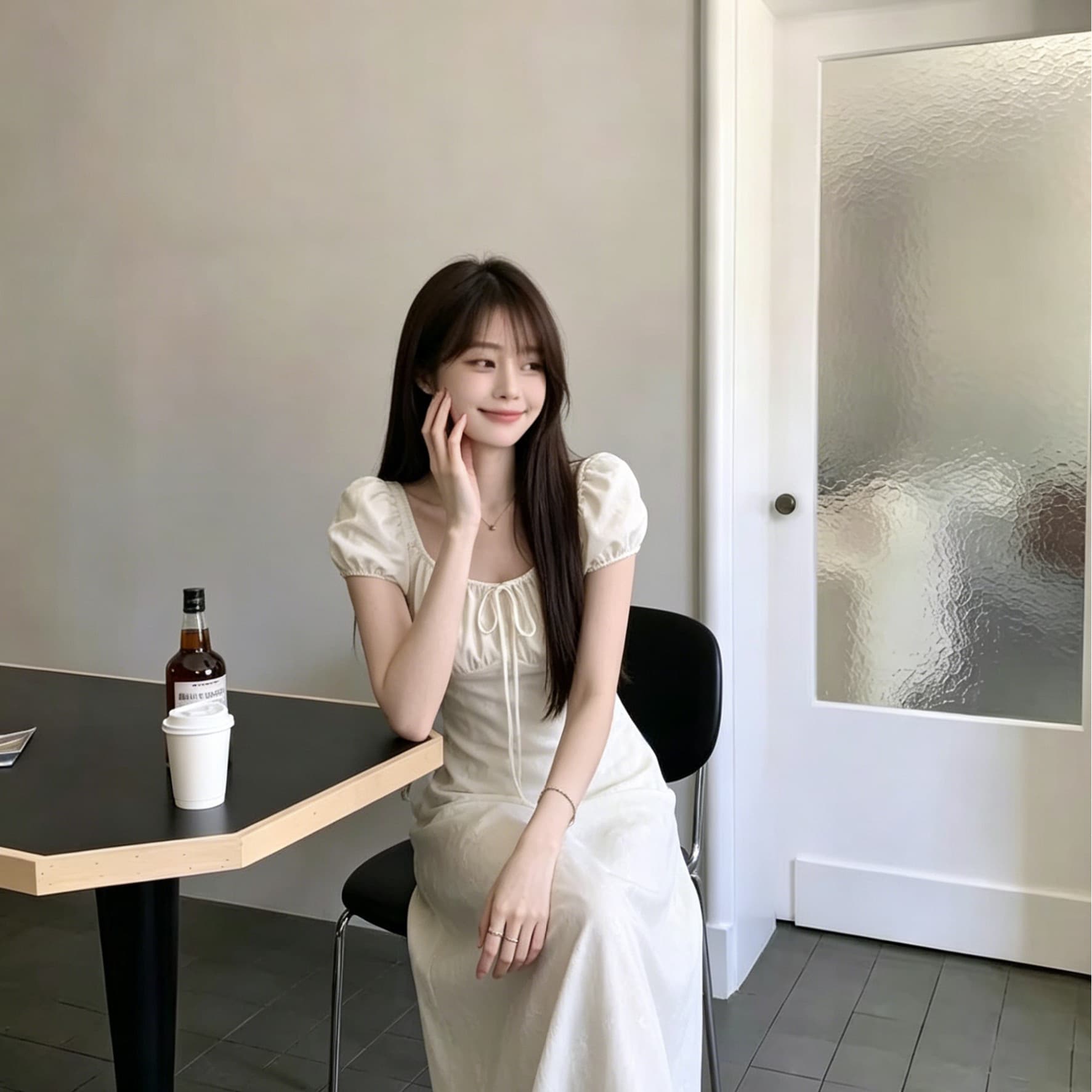 살구 색상 2026 광장 칼라 거품 소매 여성 드레스 여름 허리 수축 슬림해 보이는 부드러운 바람 품격 롱 코트 치마 상세 이미지 5