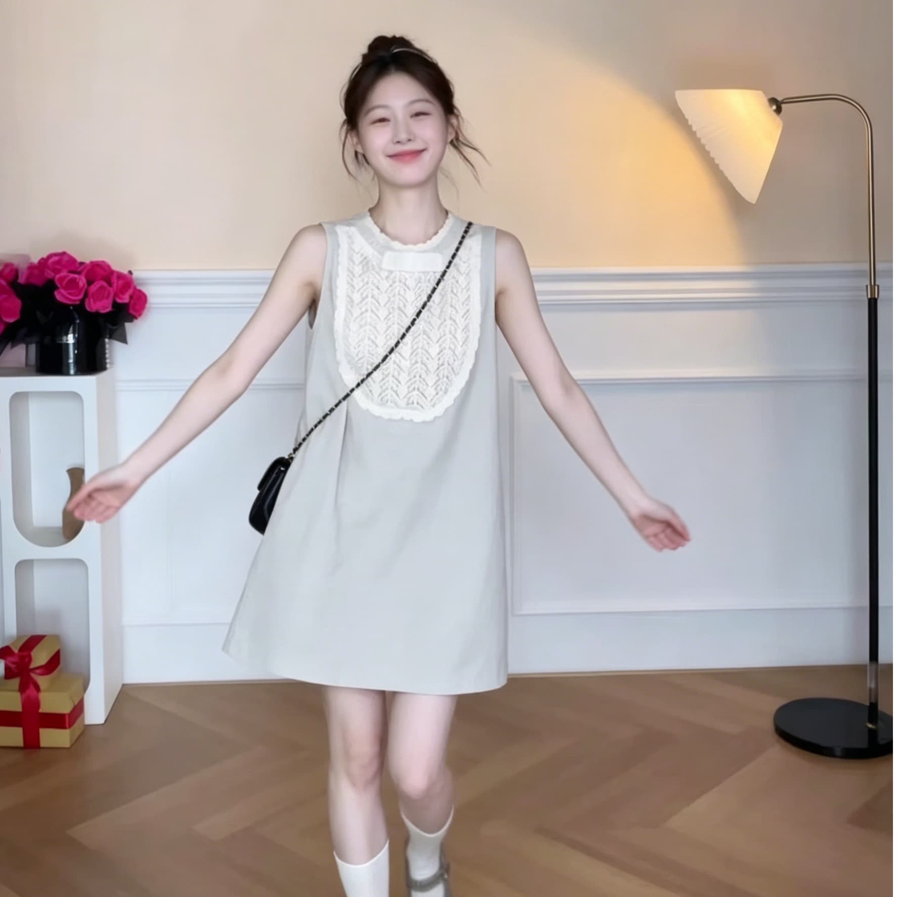 쌀 화이트 레이스 조각 민소매 여성 드레스 여름 루즈핏 슬림해 보이는 한 부서 연령 감소 작은 키 쇼트 스타일 조끼 스커트 이미지 2