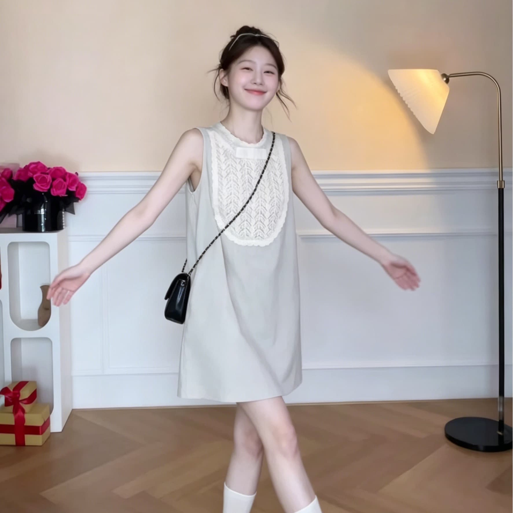 쌀 화이트 레이스 조각 민소매 여성 드레스 여름 루즈핏 슬림해 보이는 한 부서 연령 감소 작은 키 쇼트 스타일 조끼 스커트 이미지 4