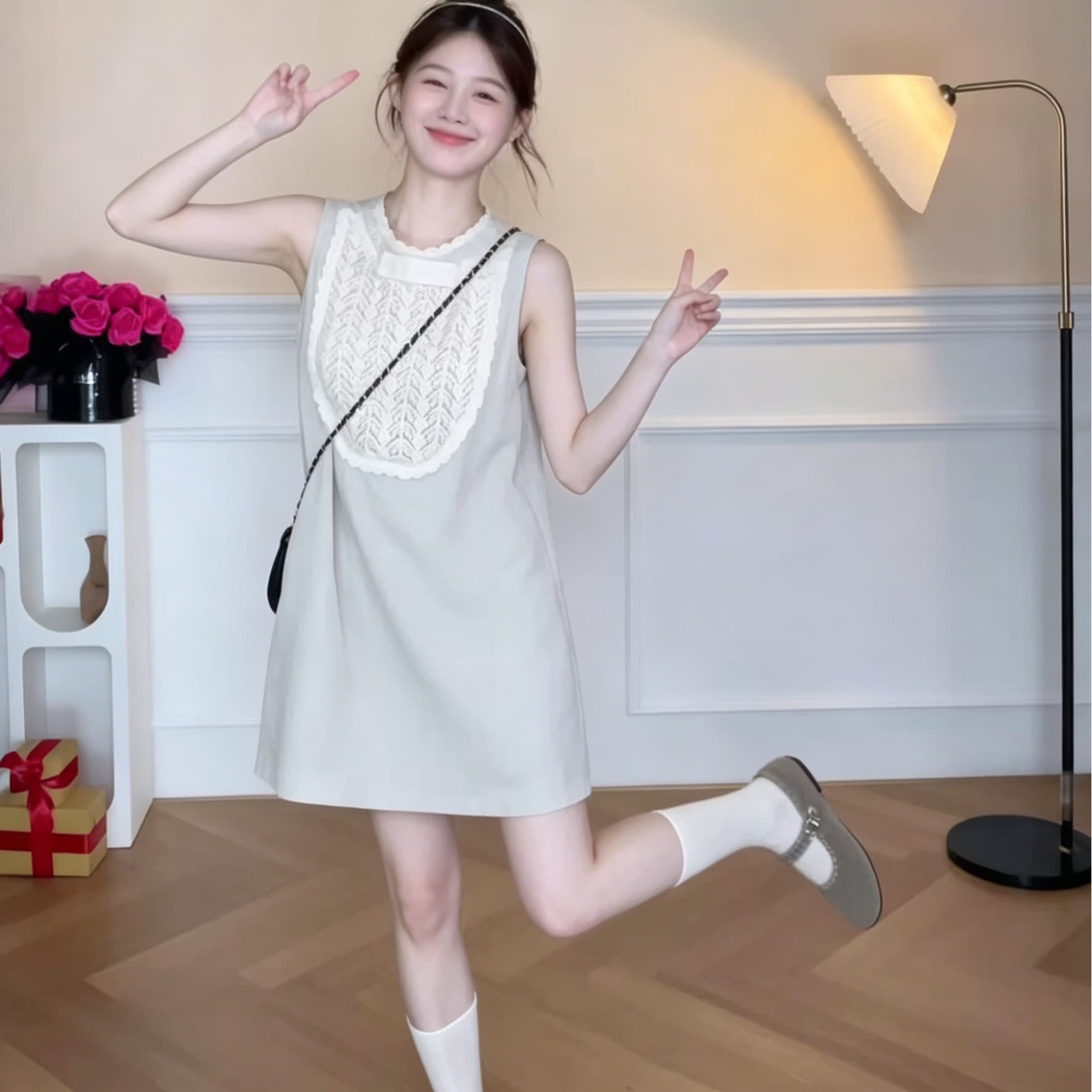 쌀 화이트 레이스 조각 민소매 여성 드레스 여름 루즈핏 슬림해 보이는 한 부서 연령 감소 작은 키 쇼트 스타일 조끼 스커트 이미지 5
