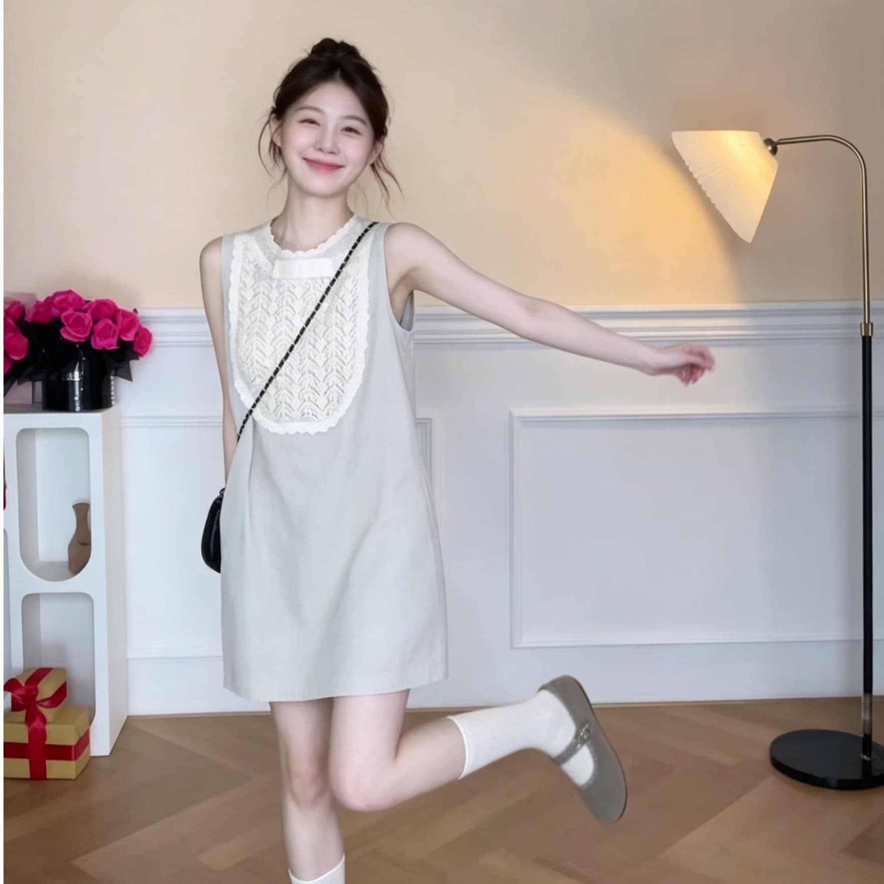 쌀 화이트 레이스 조각 민소매 여성 드레스 여름 루즈핏 슬림해 보이는 한 부서 연령 감소 작은 키 쇼트 스타일 조끼 스커트 상세 이미지 1