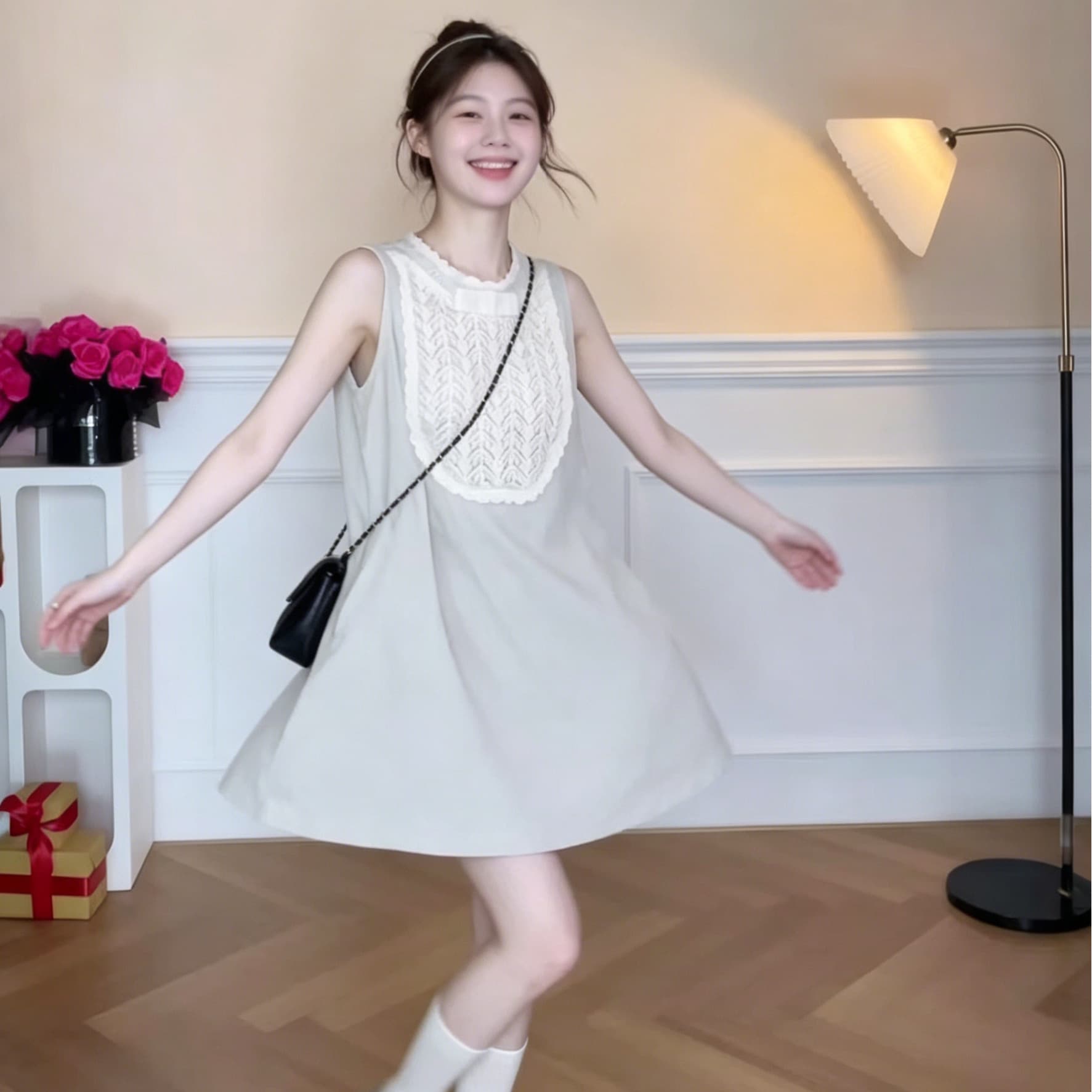쌀 화이트 레이스 조각 민소매 여성 드레스 여름 루즈핏 슬림해 보이는 한 부서 연령 감소 작은 키 쇼트 스타일 조끼 스커트 상세 이미지 3