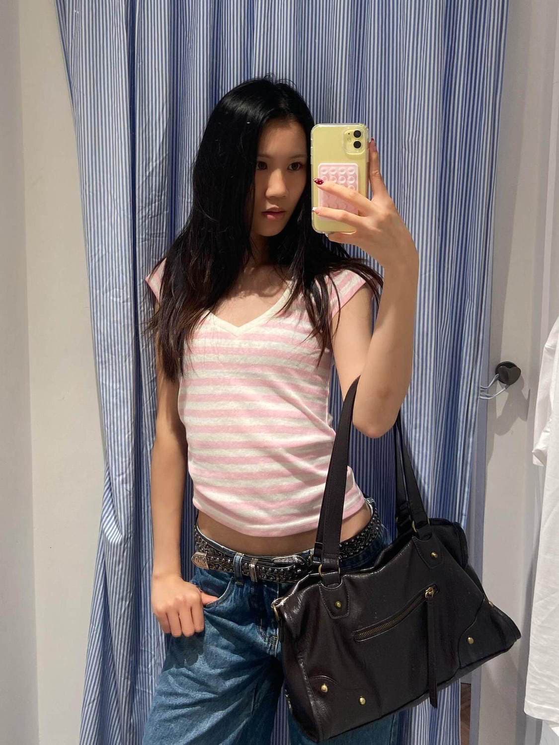 180g 스트라이프 원본 품질 V넥 작은 날다 소매 몸매 가꾸기 스트라이프 기초 만나는 여성 여름 반팔 이미지 3
