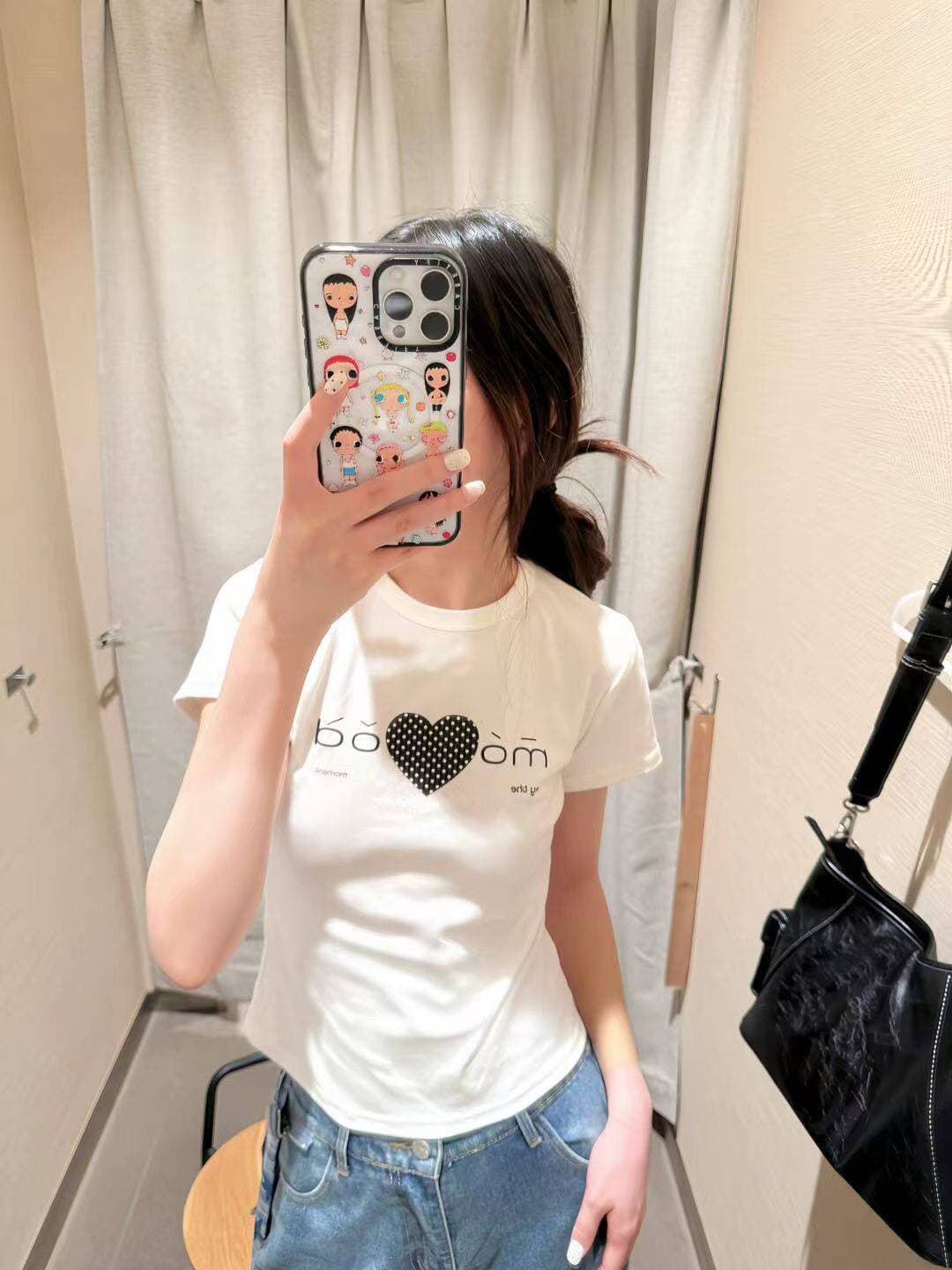 아메리칸 레트로 긍정적 인 어깨 라운드 넥 프린트 반팔 티셔츠 이미지 4