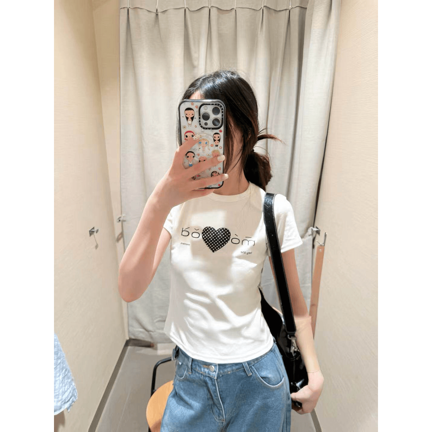 아메리칸 레트로 긍정적 인 어깨 라운드 넥 프린트 반팔 티셔츠 이미지 5
