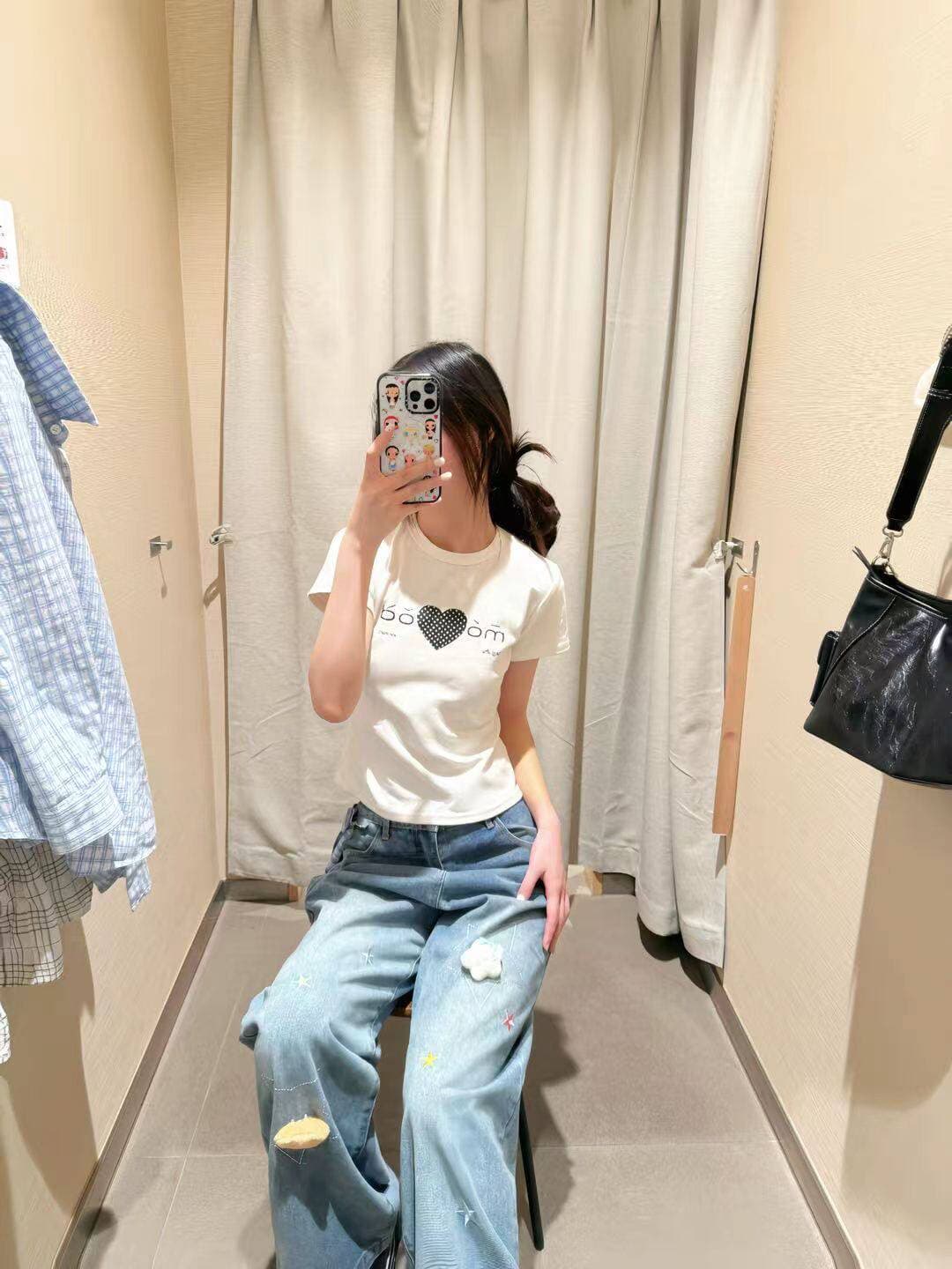 아메리칸 레트로 긍정적 인 어깨 라운드 넥 프린트 반팔 티셔츠 상세 이미지 3
