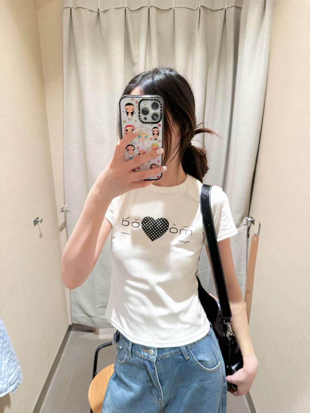 아메리칸 레트로 긍정적 인 어깨 라운드 넥 프린트 반팔 티셔츠 상세 이미지 5