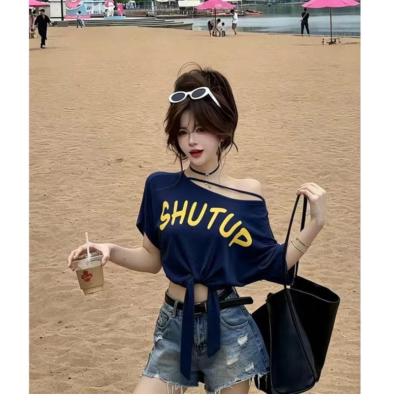 모달 사람들 면 260 그램 여름 새로운 순수한 욕망 바람 프린트 반팔 티셔츠 디자인 레이스업 비스듬한 어깨 의류 이미지 2