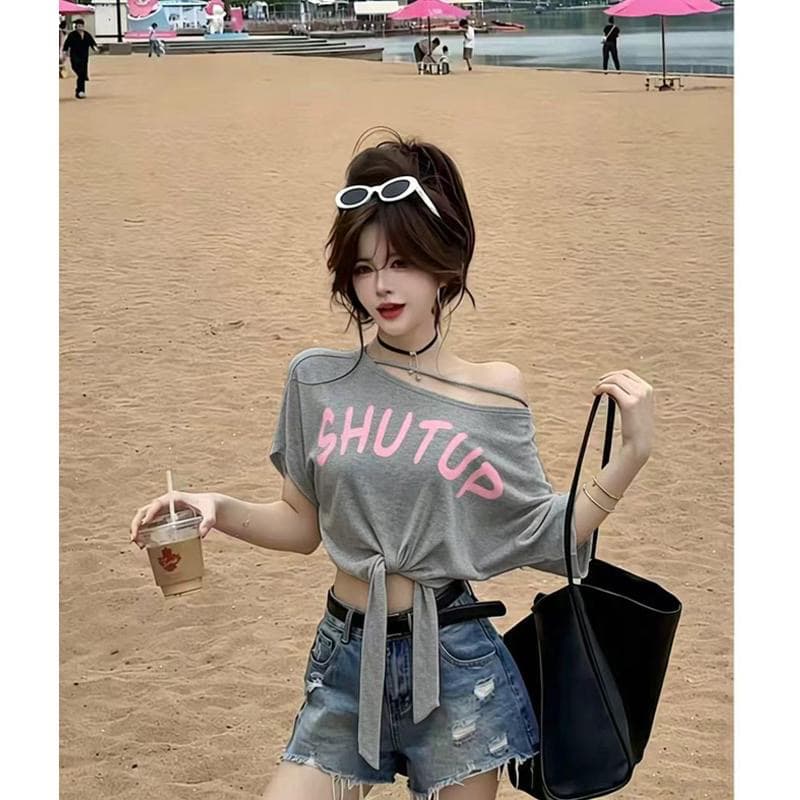 모달 사람들 면 260 그램 여름 새로운 순수한 욕망 바람 프린트 반팔 티셔츠 디자인 레이스업 비스듬한 어깨 의류 이미지 5