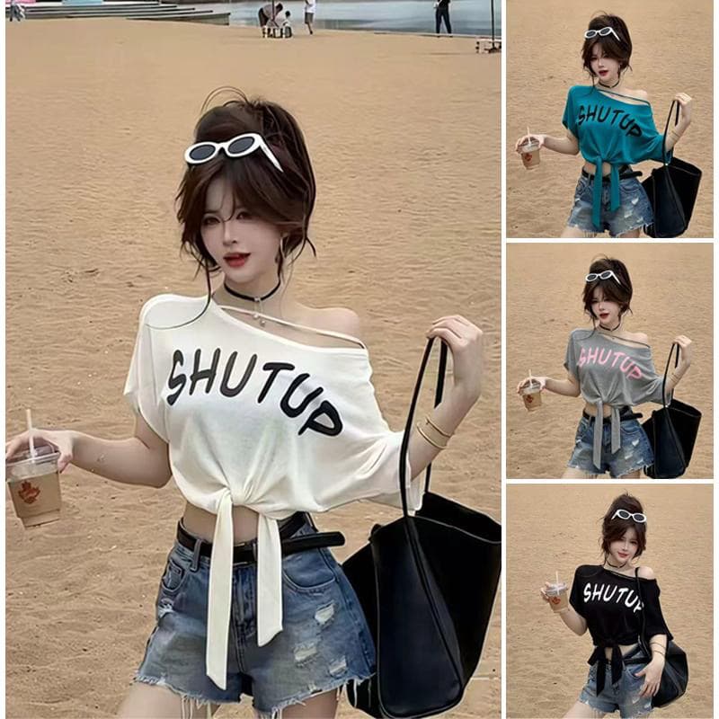 모달 사람들 면 260 그램 여름 새로운 순수한 욕망 바람 프린트 반팔 티셔츠 디자인 레이스업 비스듬한 어깨 의류 상세 이미지 1
