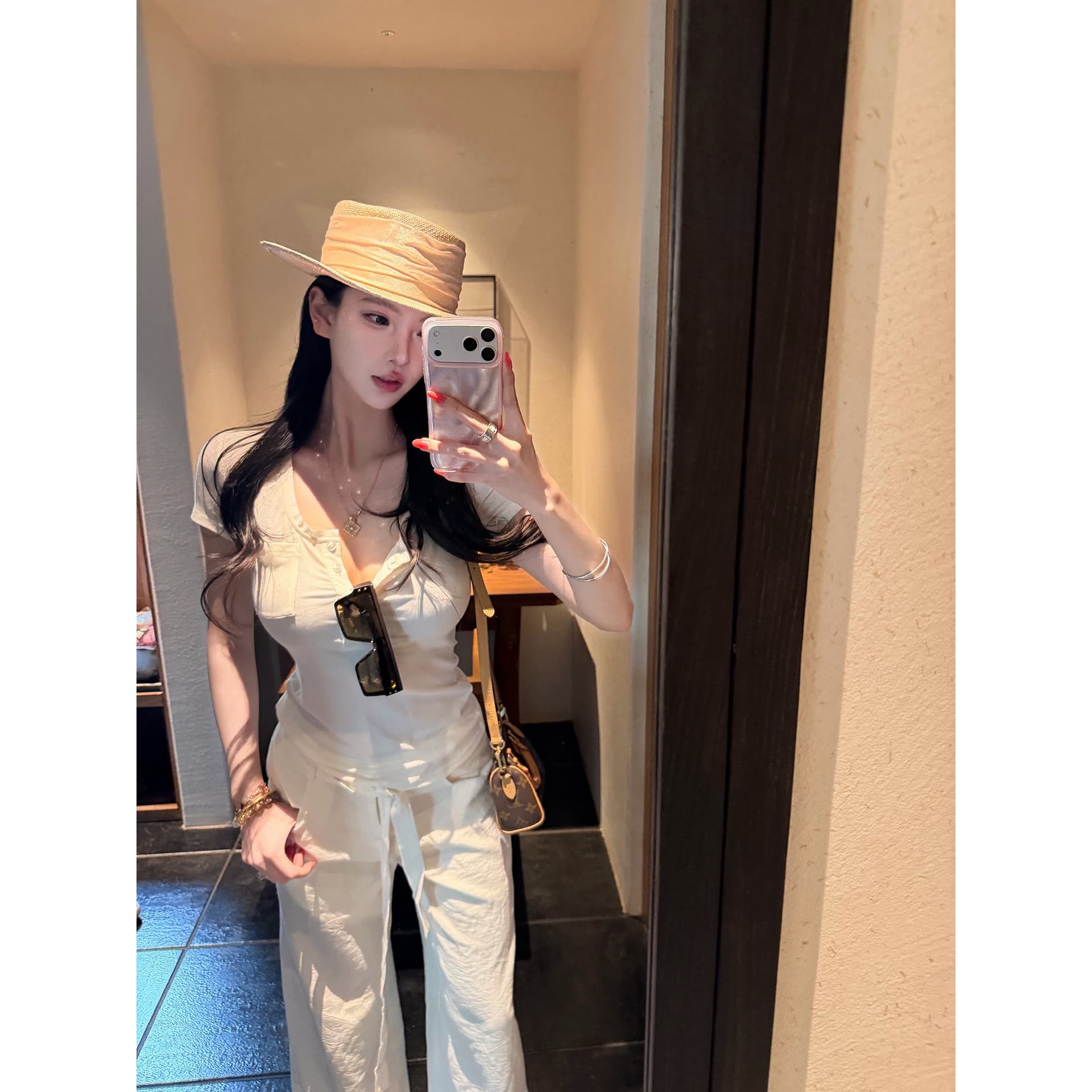 다용도 부드러운 t 단추 라운드 넥 티셔츠 여성 봄 여름 허리 수축 맨위 이미지 4