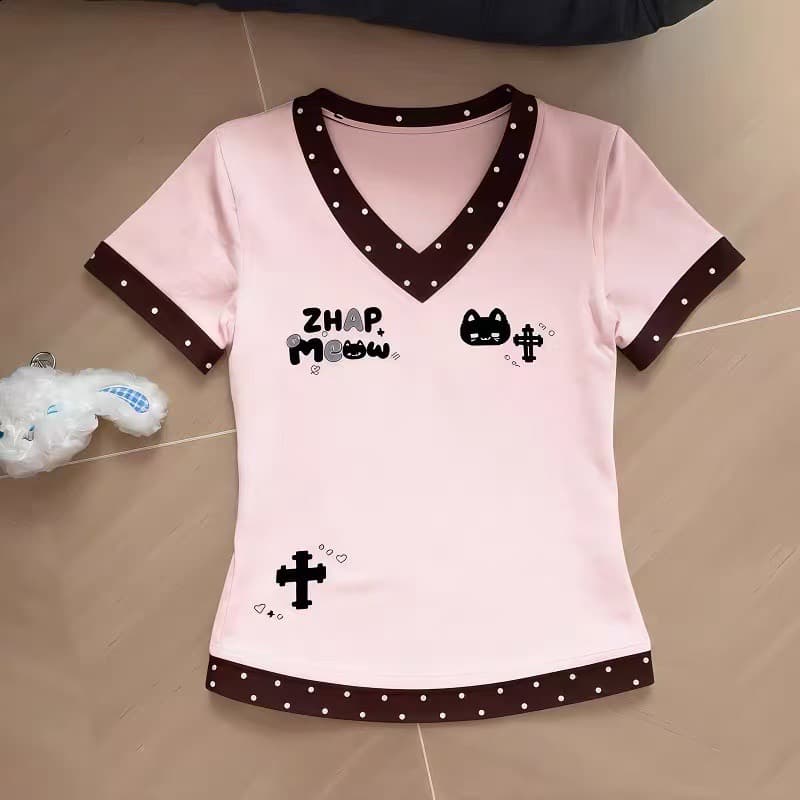 220 그램 40 빗질하다 92 면 8 암모니아 Lun 이후 패키지 칼라 몸매 가꾸기 V넥 도트 무늬 패치워크 반팔 티셔츠 이미지 4