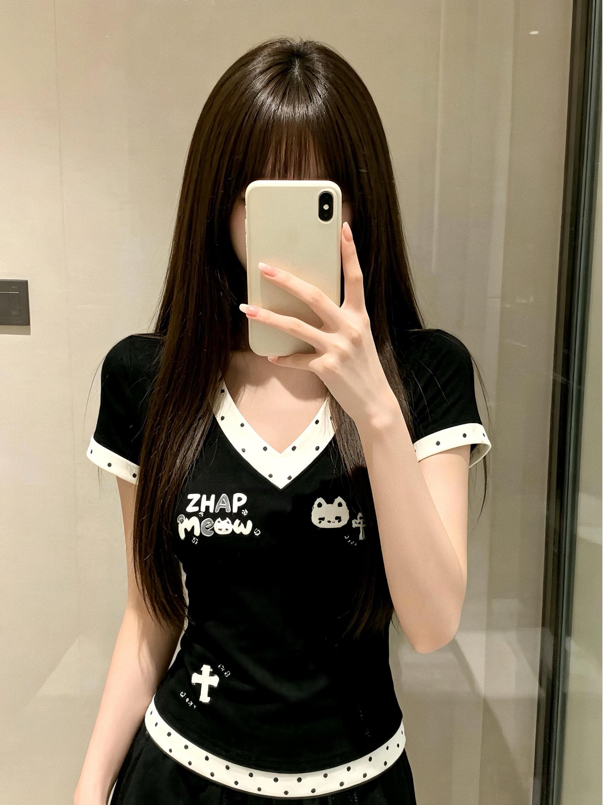 220 그램 40 빗질하다 92 면 8 암모니아 Lun 이후 패키지 칼라 몸매 가꾸기 V넥 도트 무늬 패치워크 반팔 티셔츠 상세 이미지 1