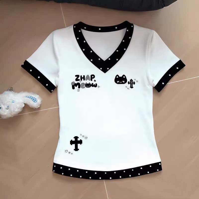 220 그램 40 빗질하다 92 면 8 암모니아 Lun 이후 패키지 칼라 몸매 가꾸기 V넥 도트 무늬 패치워크 반팔 티셔츠 상세 이미지 2