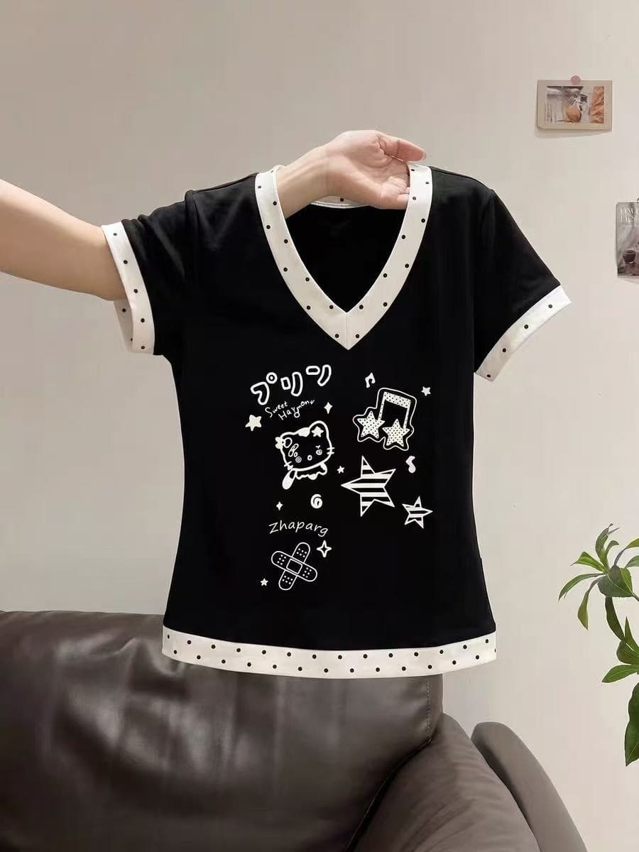 220 그램 40 빗질하다 92 면 8 암모니아 Lun 이후 패키지 칼라 몸매 가꾸기 V넥 도트 무늬 패치워크 반팔 티셔츠