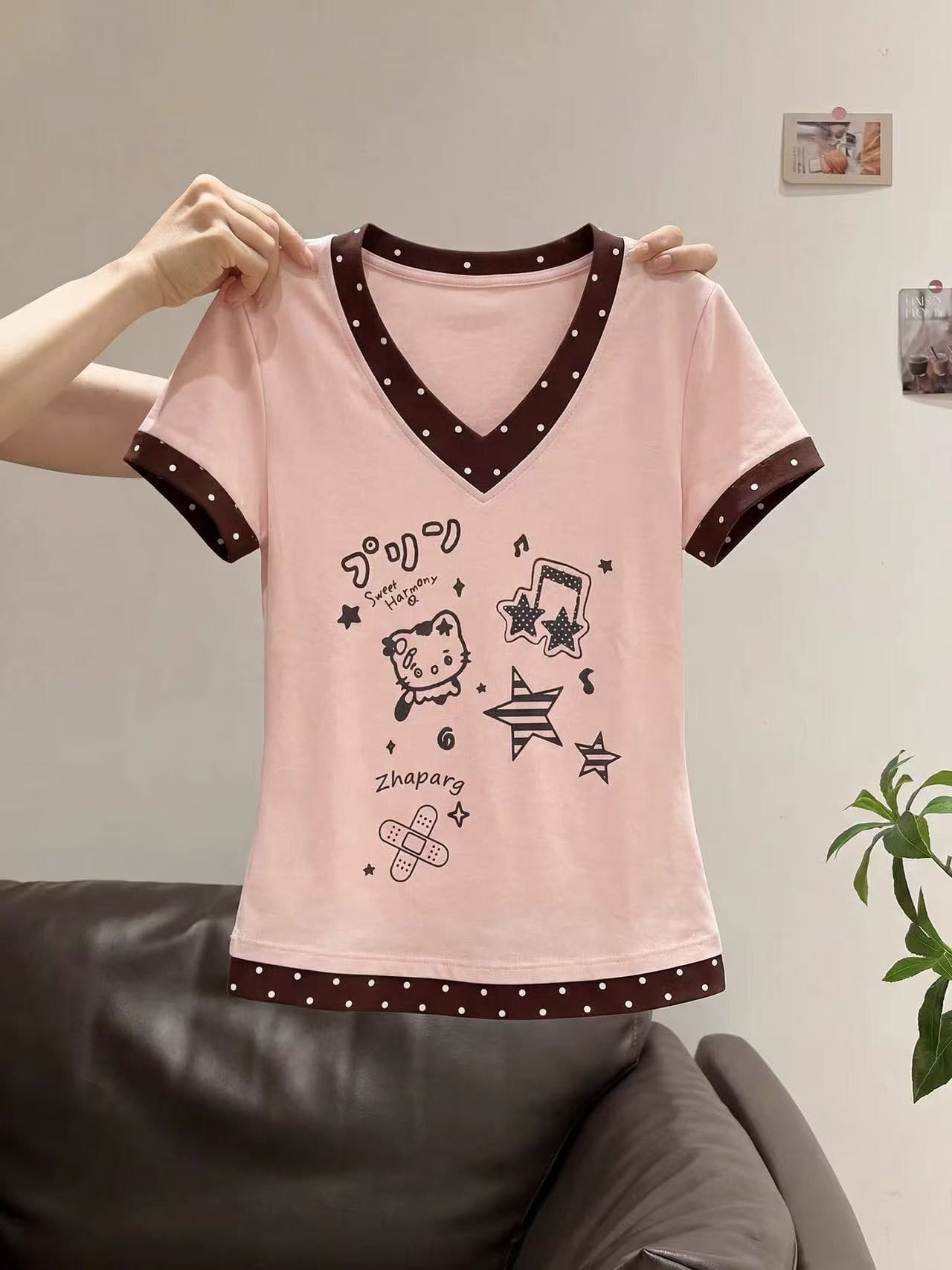 220 그램 40 빗질하다 92 면 8 암모니아 Lun 이후 패키지 칼라 몸매 가꾸기 V넥 도트 무늬 패치워크 반팔 티셔츠 이미지 3