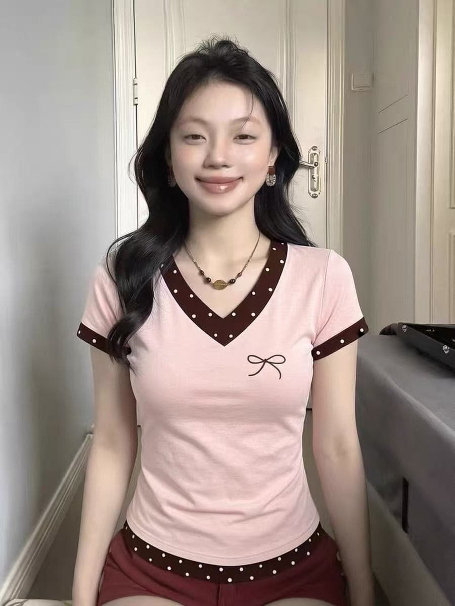 220 그램 40 빗질하다 92 면 8 암모니아 Lun 이후 패키지 칼라 몸매 가꾸기 V넥 도트 무늬 패치워크 반팔 티셔츠 상세 이미지 4