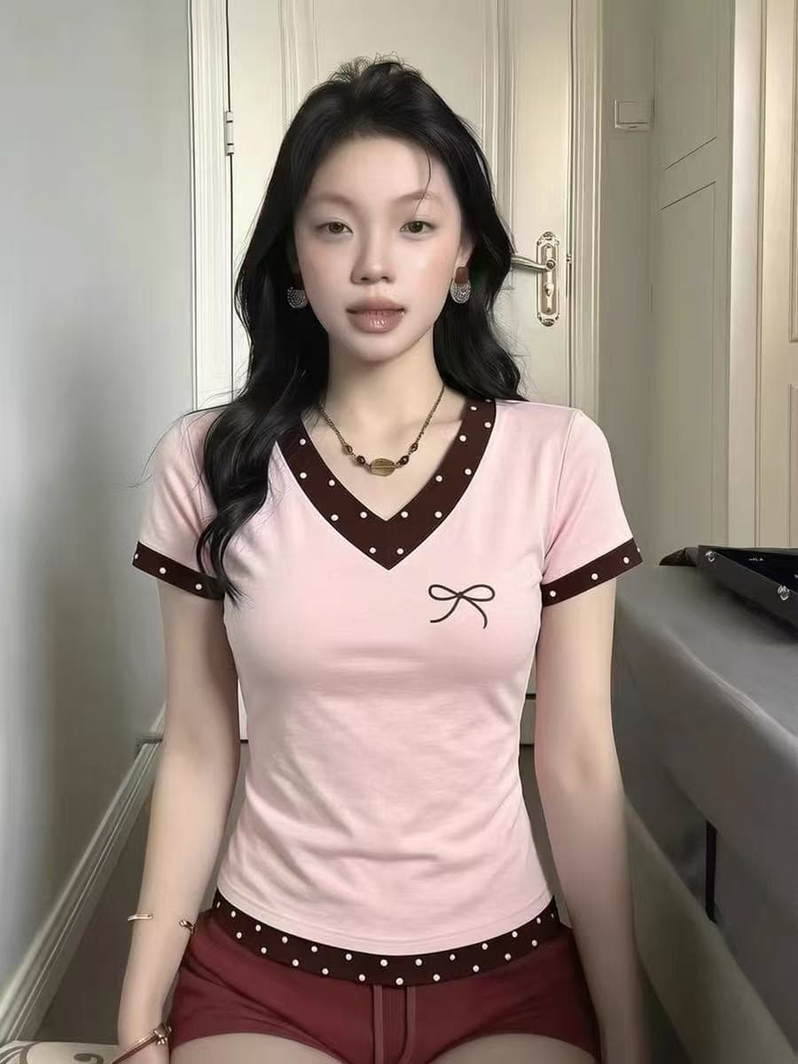 220 그램 40 빗질하다 92 면 8 암모니아 Lun 이후 패키지 칼라 몸매 가꾸기 V넥 도트 무늬 패치워크 반팔 티셔츠 상세 이미지 5