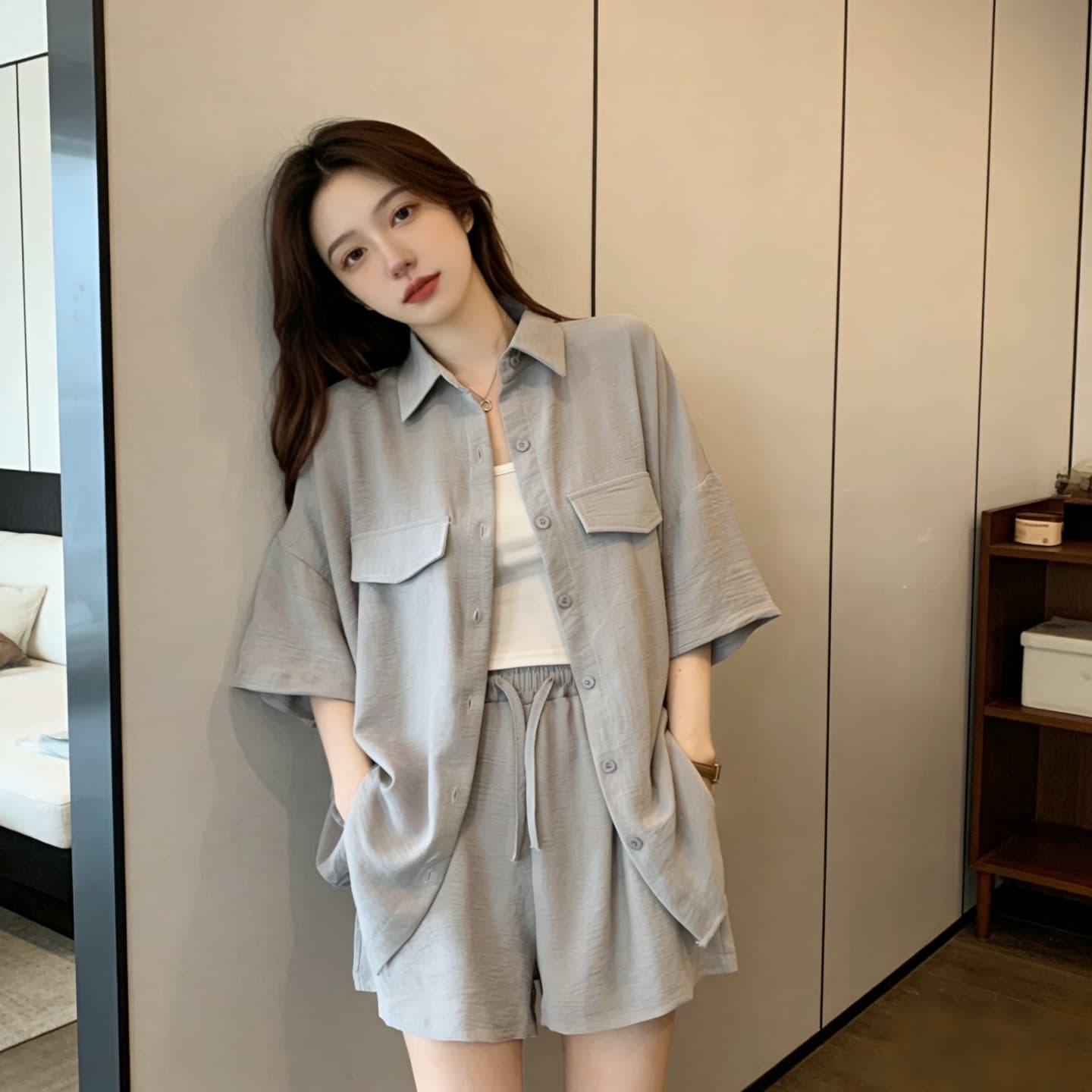 지방 mm POLO 칼라 반팔 셔츠 넓은 다리가 짧다. 바지 두 조각 여성 세트 여름 빅 사이즈 패션 루즈핏 슬림해 보이는 세트 이미지 2