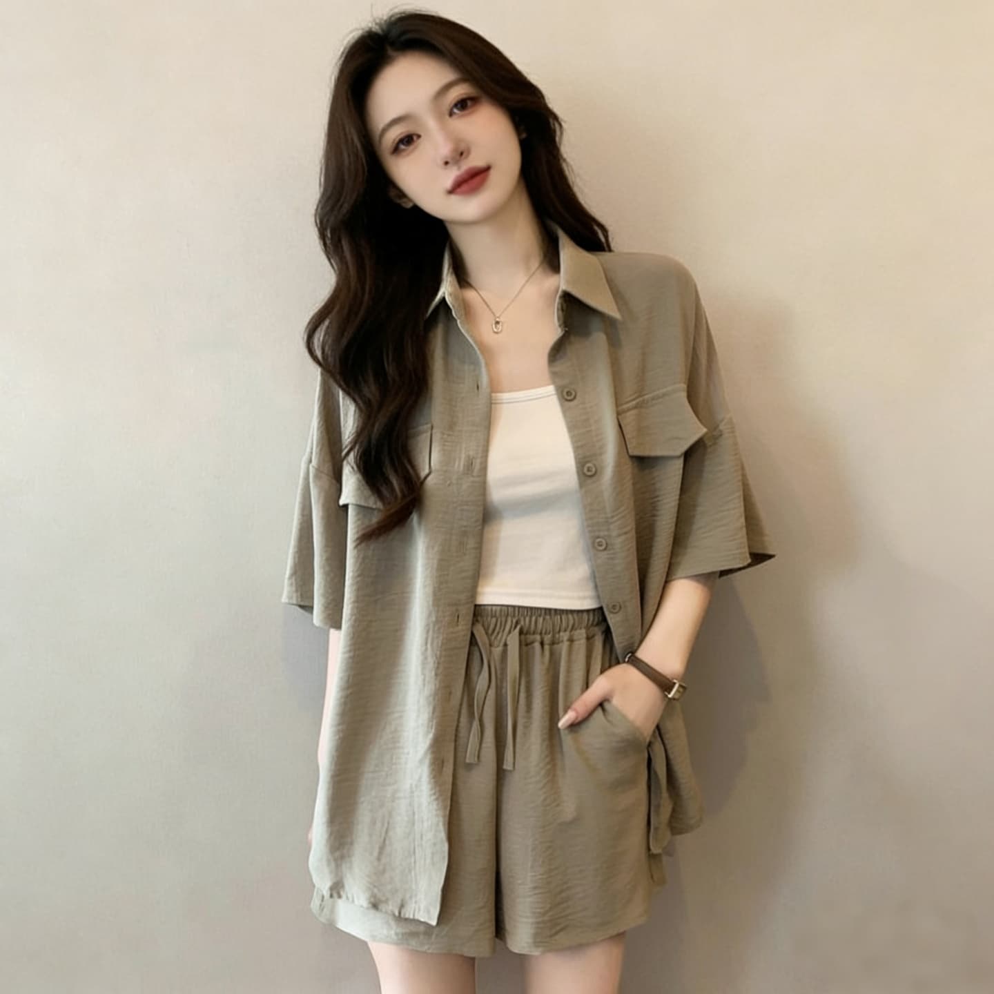지방 mm POLO 칼라 반팔 셔츠 넓은 다리가 짧다. 바지 두 조각 여성 세트 여름 빅 사이즈 패션 루즈핏 슬림해 보이는 세트 상세 이미지 2