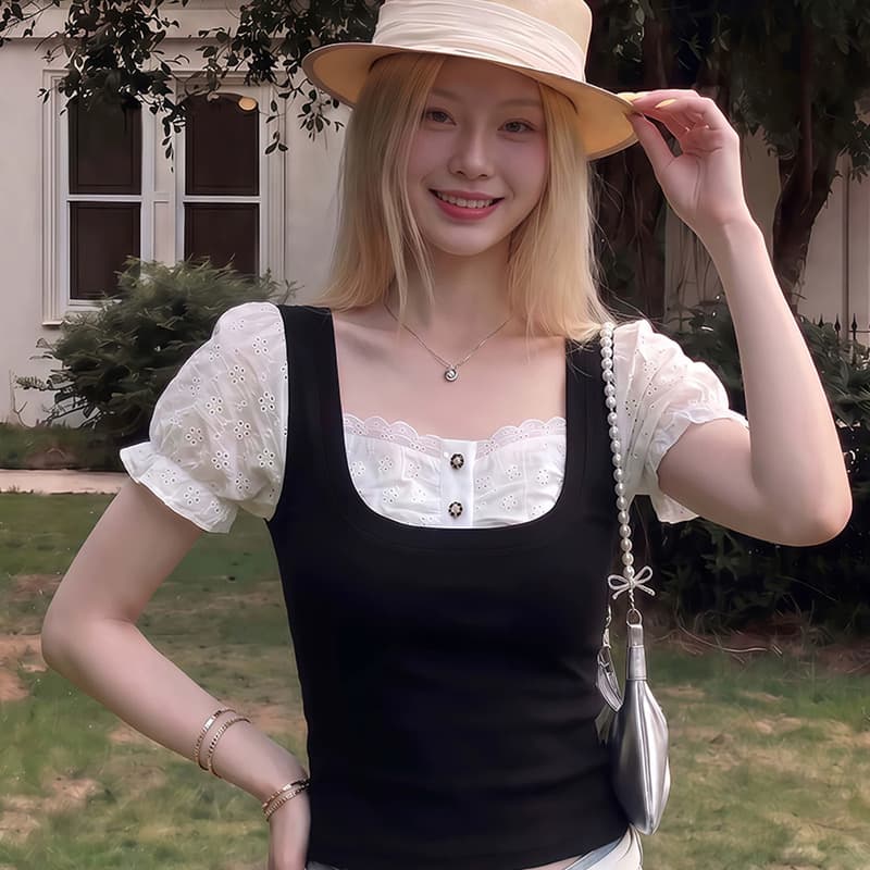 프랑스식 달콤한 차가운 페이크 레이어드 레이스 광장 칼라 반팔 티셔츠 여름 새로운 순수한 욕망 달콤한 핫걸 몸매 가꾸기 품격 맨위 이미지 5